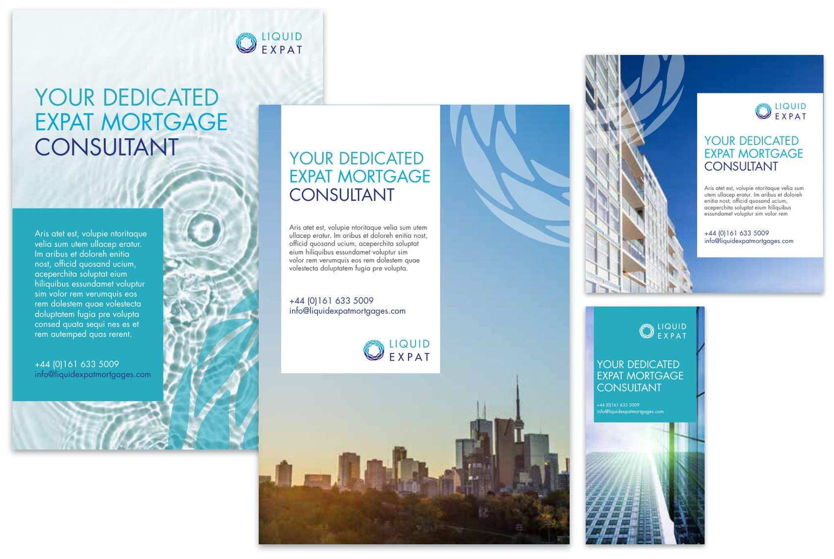 Four advert formats carrying the headline Your dedicated expat mortgage consultant: an A4 print advert over rippled water, a second A4 over a city skyline, and two online banners in landscape and skyscraper ratios.
