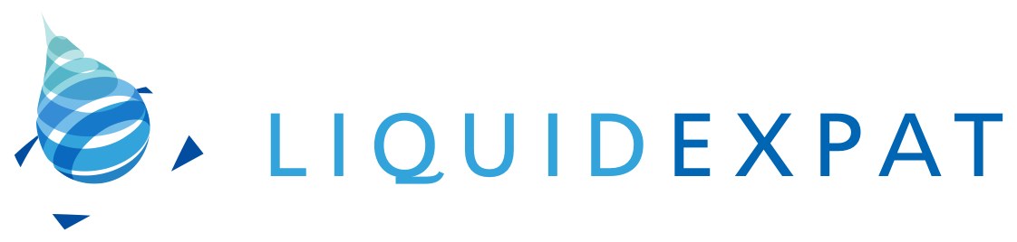 Route A: a stylised water drop formed from swirling banded shapes, beside the wordmark LIQUIDEXPAT.