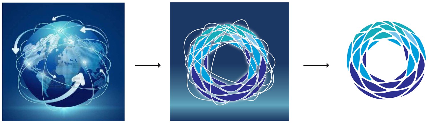 Three stages of development shown left to right: a photographic globe wrapped in arrows, the same form abstracted into overlapping ripple lines over colored leaf shapes, and the resolved ring mark in turquoise, cyan and dark blue.