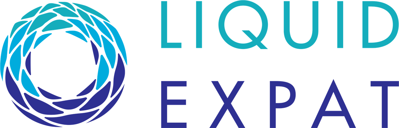 Liquid Expat logo: a ring of overlapping shapes graduating from turquoise to deep blue, beside LIQUID EXPAT in two lines of letterspaced capitals.