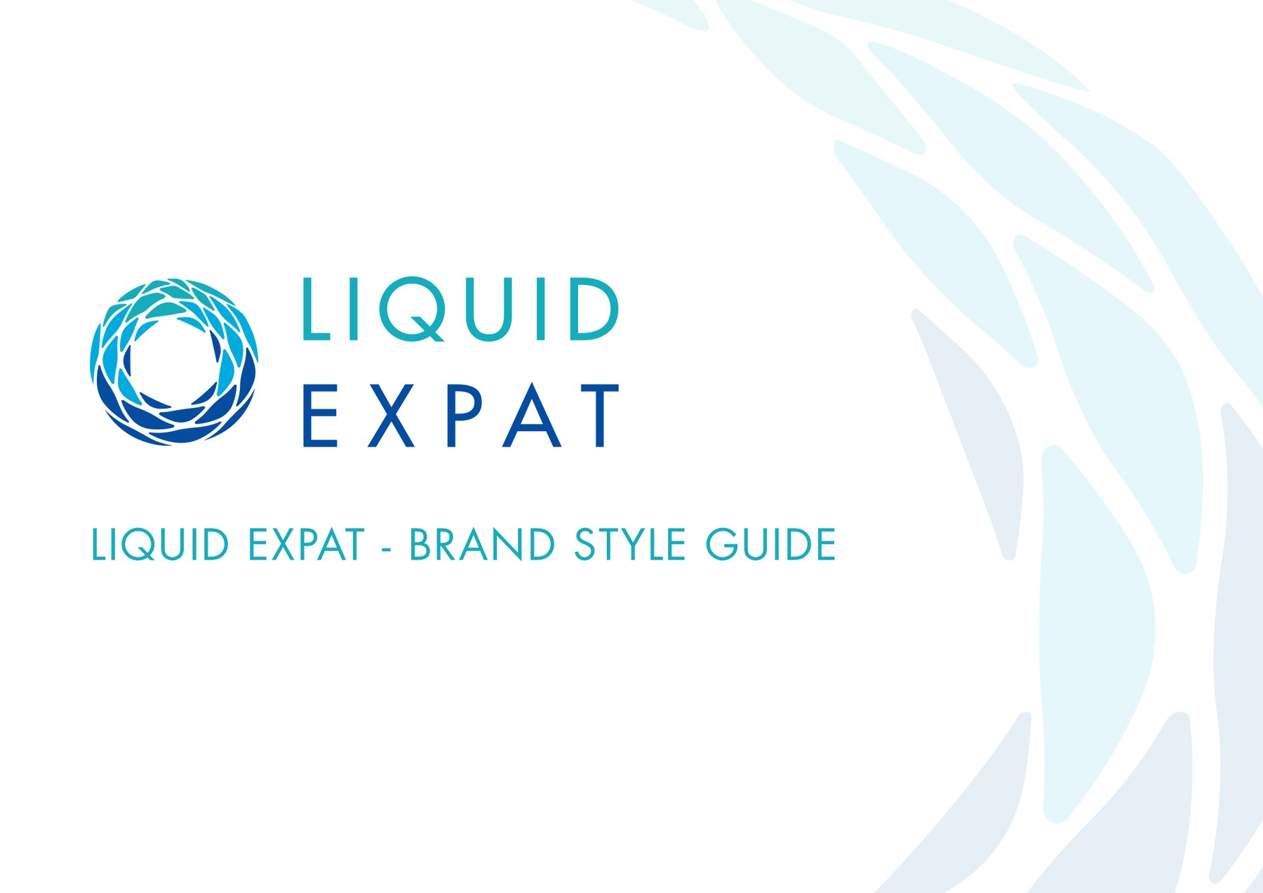 Cover of the Liquid Expat brand guidelines, showing the logomark and wordmark on a white ground with a pale watermark.