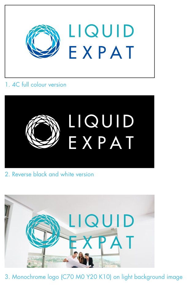 Three permitted logo variations: four-color on white, reversed white on black, and monochrome turquoise over a light photograph.