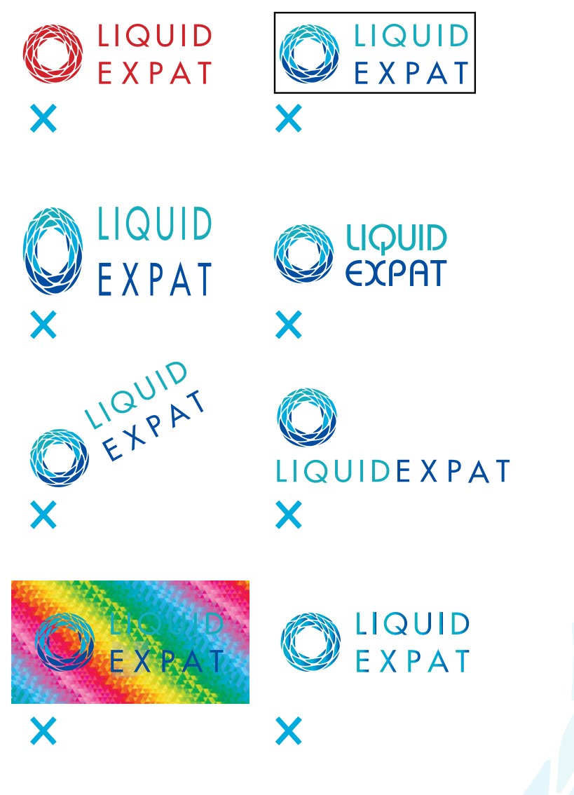 Eight incorrect logo treatments, each marked with a cross: recoloured red, boxed, vertically stretched, re-typeset, tilted, elements rearranged, over a rainbow pattern, and color-shifted.
