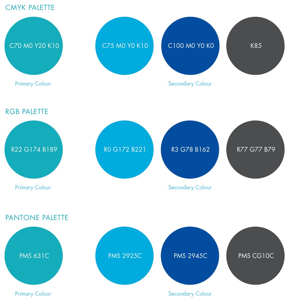 Colorways plate showing the brand colors as circles, repeated for the CMYK, RGB and Pantone palettes.