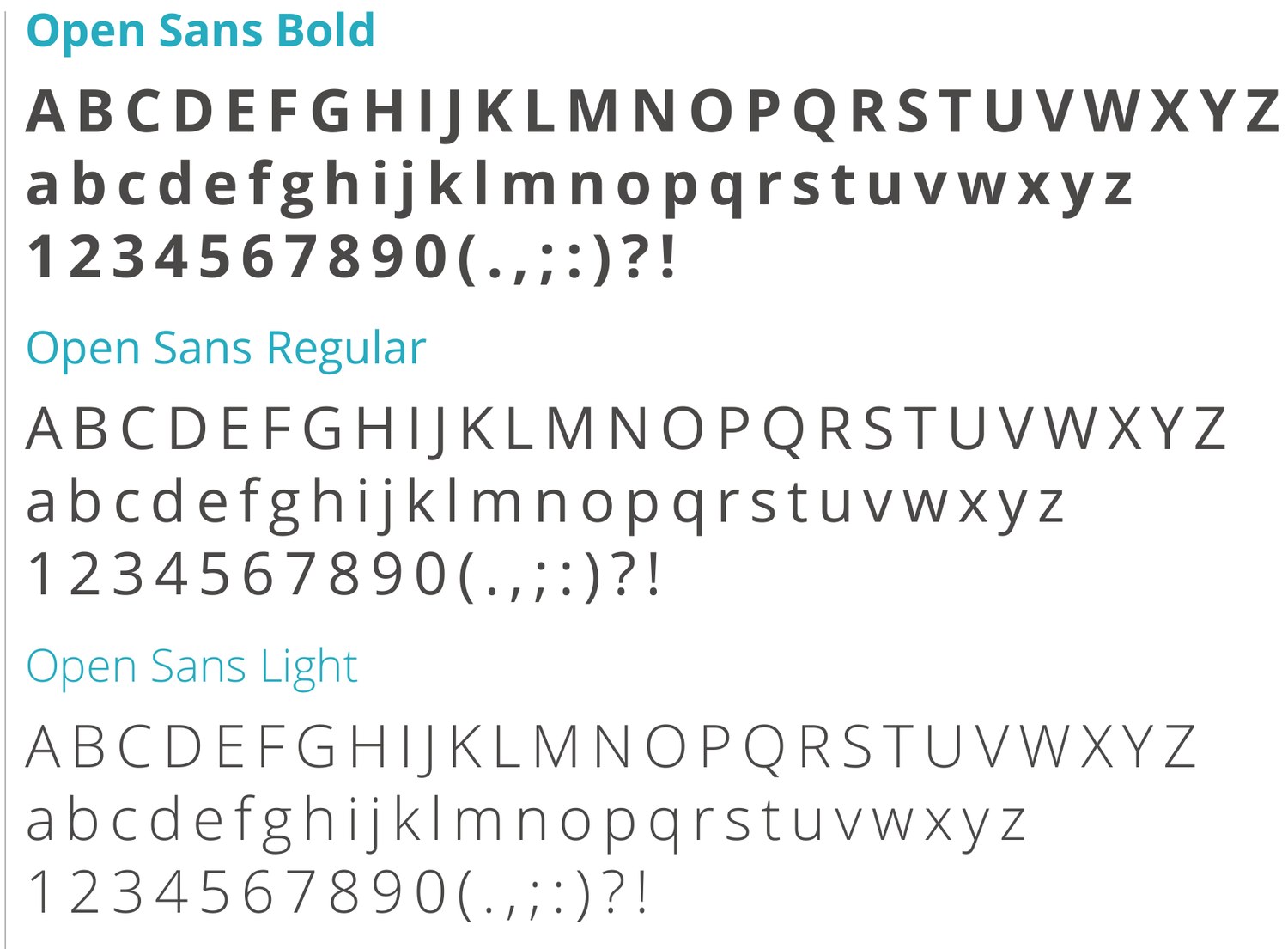 Digital font page from the manual showing Open Sans Bold, Regular and Light, each with capitals, lower case and numerals.