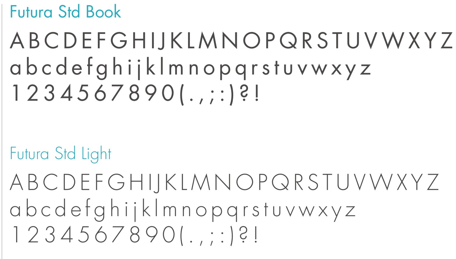 Primary font specimen from the manual: Futura Std Book and Futura Std Light, each showing capitals, lower case and numerals.
